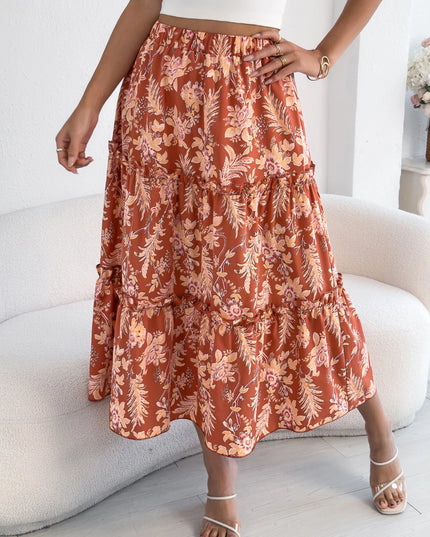 Floral Print Elastic Waist Ruffled Skirt