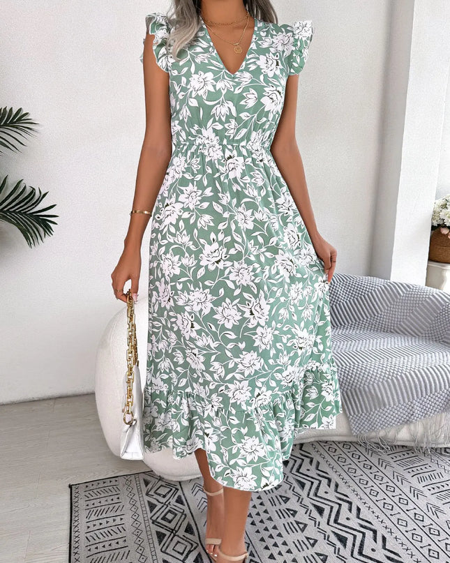 Floral Print V Neck Long Dress