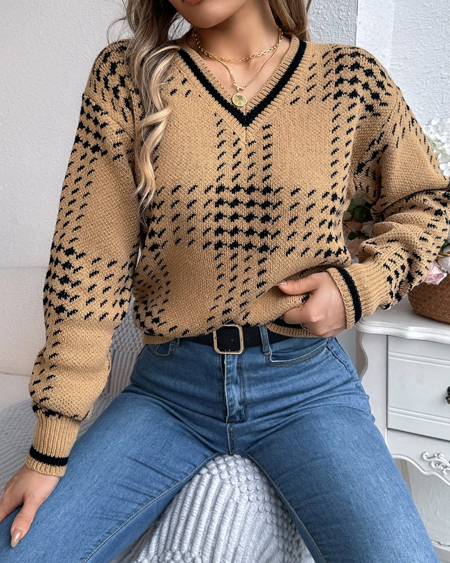 V Neck Color Block Knit Sweater