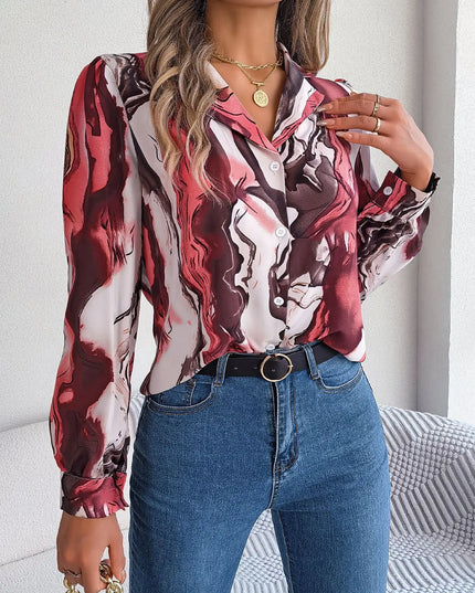 Notched Long Sleeve Single Breasted Blouse