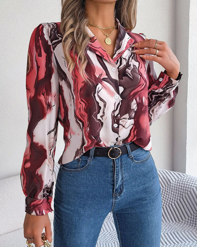 Notched Long Sleeve Single Breasted Blouse