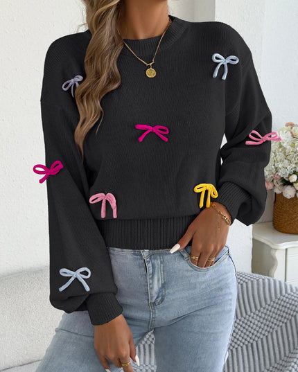 Contrast Bow Lantern-Sleeve Knit Sweater
