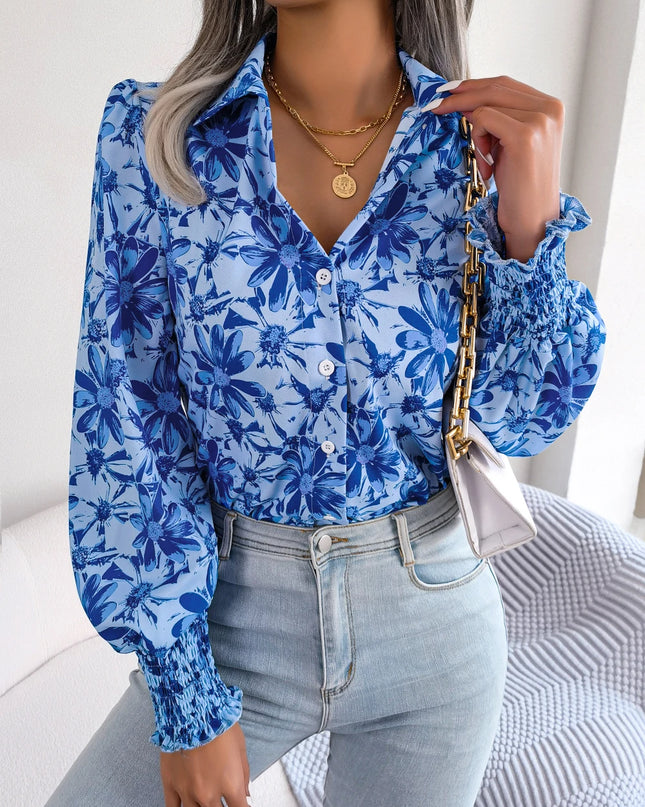 Floral Chiffon Lantern Sleeve Shirt