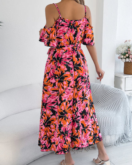 Off Shoulder Floral Print Long Dress with Belt