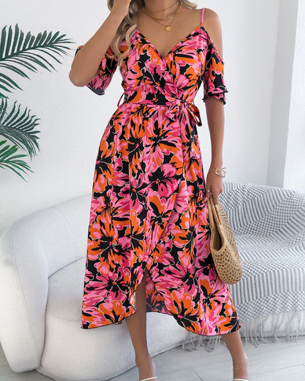 Off Shoulder Floral Print Long Dress with Belt