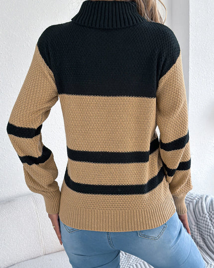 Striped Turtleneck Lantern Sleeve Sweater