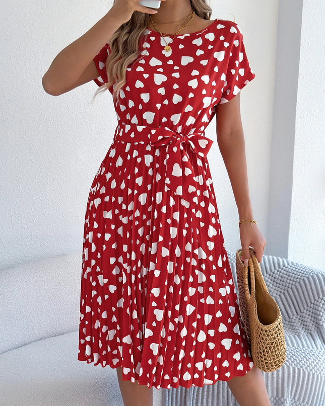 Heart Print Pleated Short Sleeve Dress