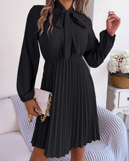 Bow Long Sleeve Chiffon Pleated Dress