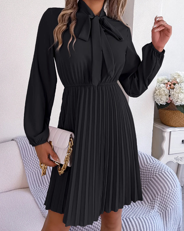 Bow Long Sleeve Chiffon Pleated Dress