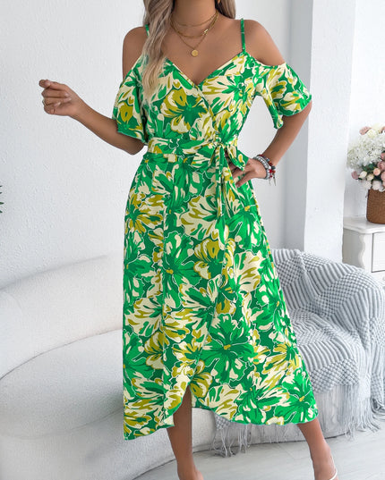 Off Shoulder Floral Print Long Dress with Belt