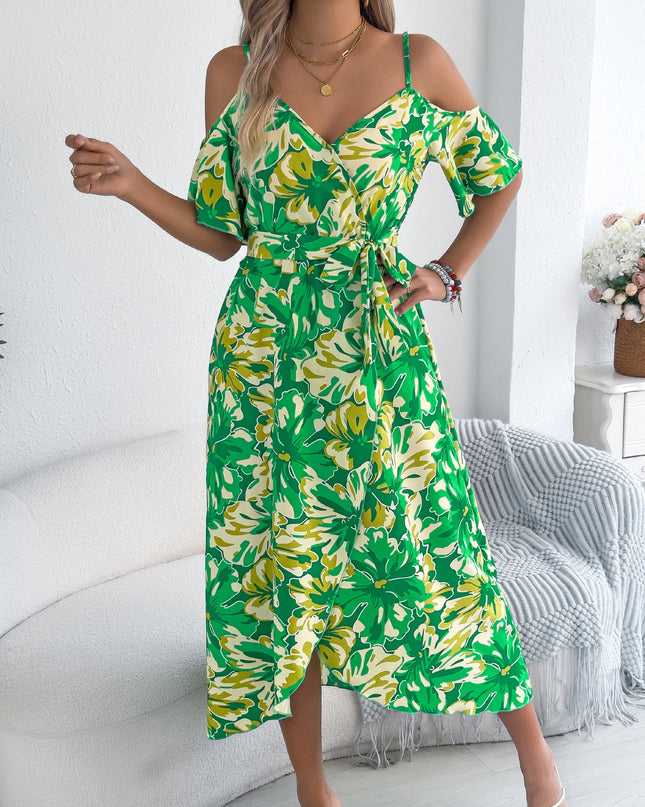 Off Shoulder Floral Print Long Dress with Belt