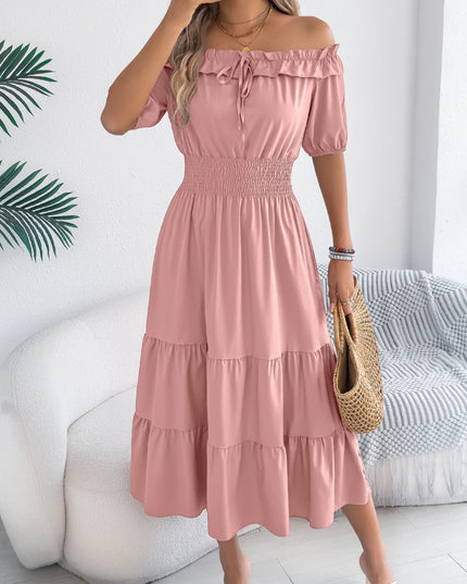 Off Shoulder Waist Cinched Lotus Leaf Edge Dress