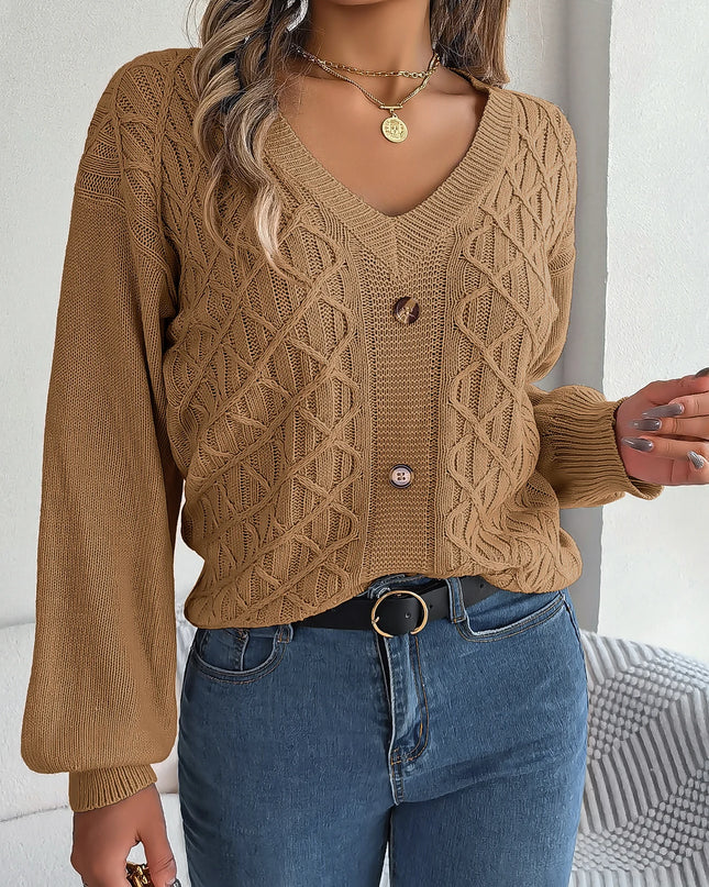 V Neck Buttons Twist Knit Sweater
