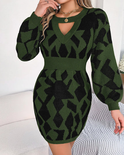 Hollow Out Lantern Sleeve Knitted Dress