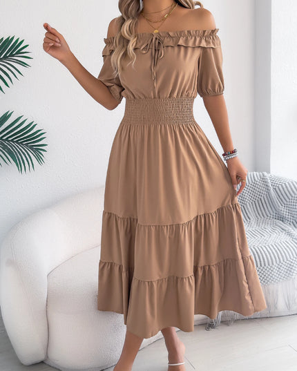 Off Shoulder Waist Cinched Lotus Leaf Edge Dress