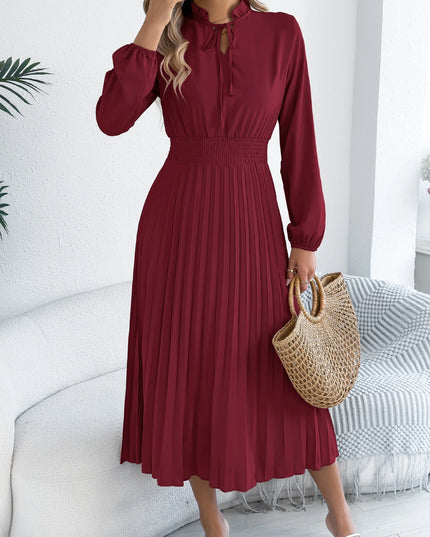 V Neck Lace Up Pleated Maxi Dress