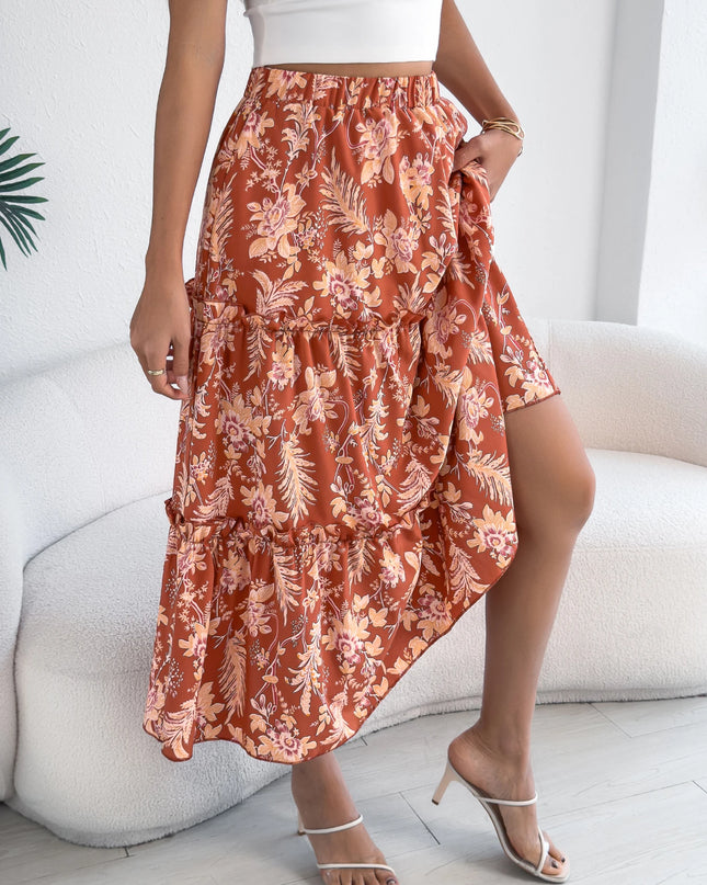 Floral Print Elastic Waist Ruffled Skirt