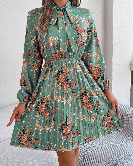 Flower Print Lace Up Bow Pleated Dress