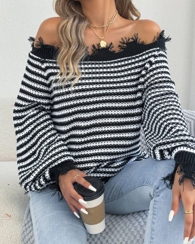 Tassel Striped Off Shoulder Sweater