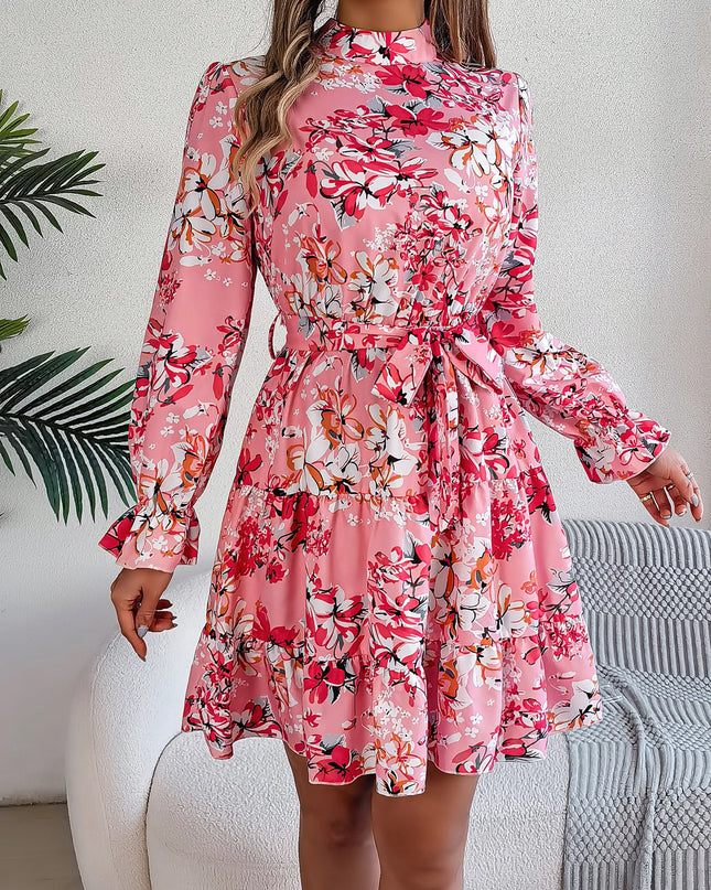 Flower Print Standing Neck Ruffle Edge Dress