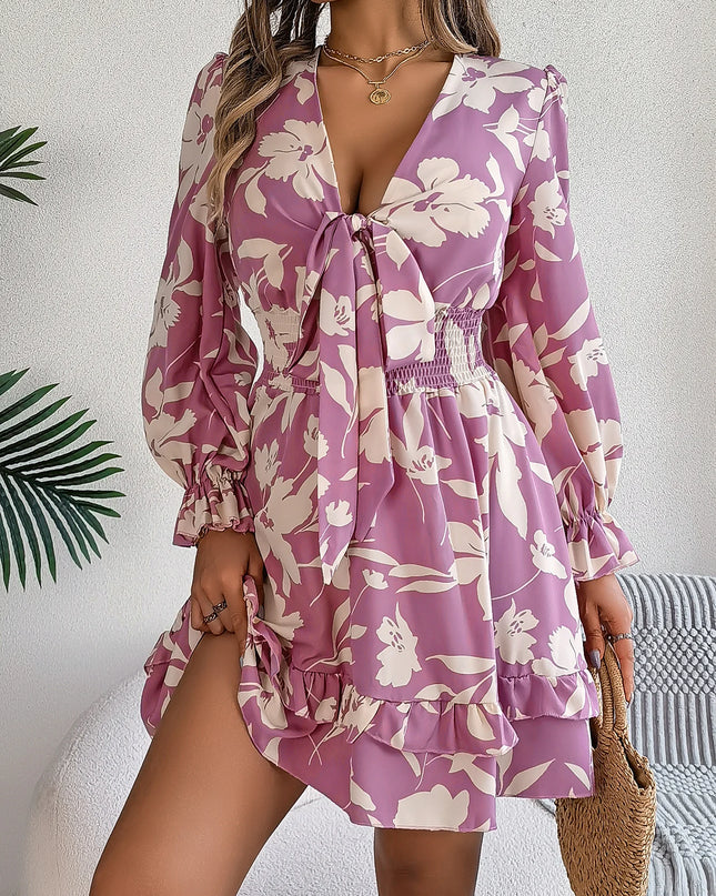 Flower Print Tie Bow Long Sleeve Dress