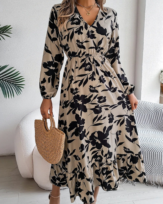V Neck Floral Ruffled Maxi Dress