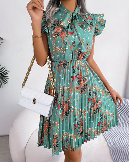 Floral Print Bow Slim Waist Pleated Dress