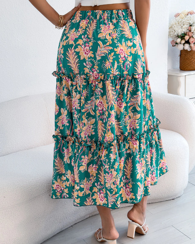 Floral Print Elastic Waist Ruffled Skirt