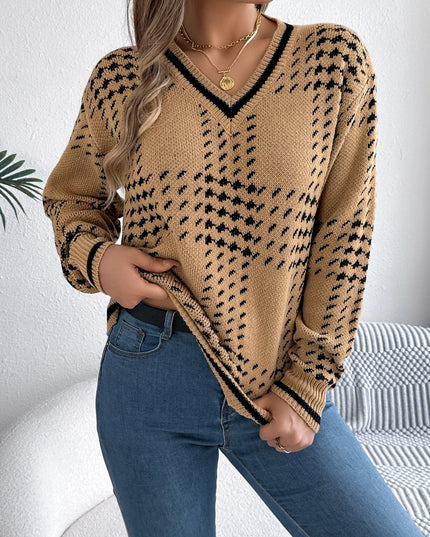 V Neck Color Block Knit Sweater