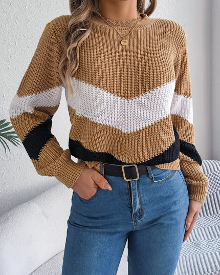 Color Blocking Round Neck Pullover