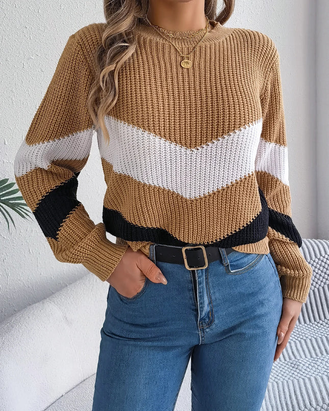 Color Blocking Round Neck Pullover