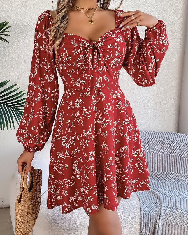 Floral Square Neck Drawstring Dress