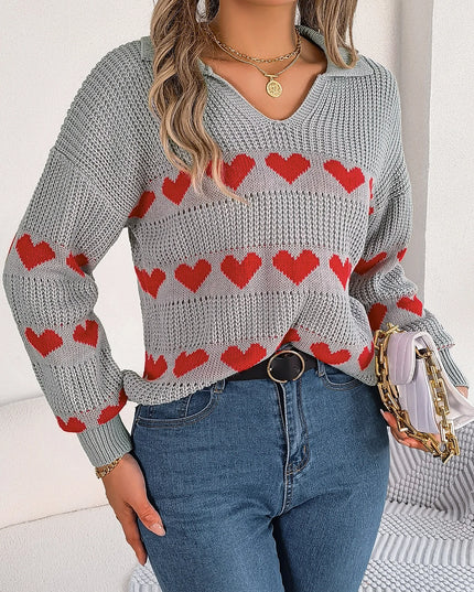 V Neck Heart Pattern Pullover
