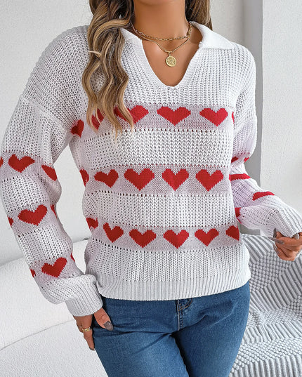 V Neck Heart Pattern Pullover