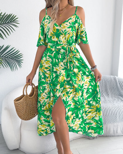 Off Shoulder Floral Print Long Dress with Belt