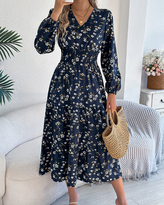 Floral Long Sleeve V-Neck Dress