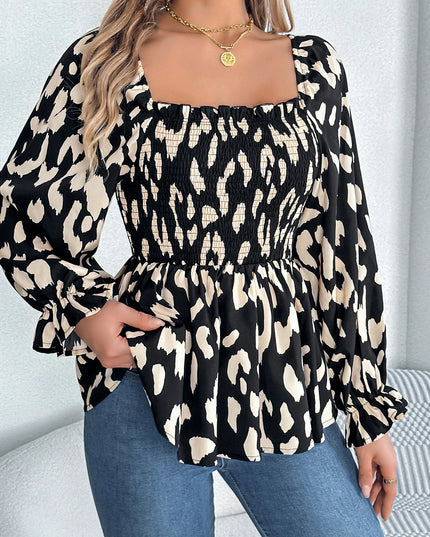 Square Neck Leopard Print Chiffon Blouse