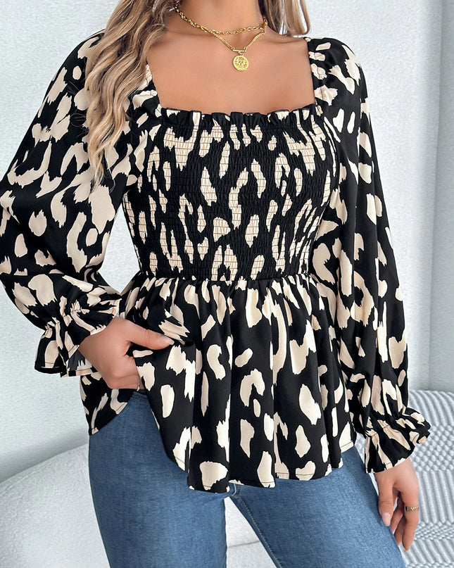 Square Neck Leopard Print Chiffon Blouse