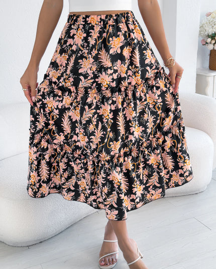Floral Print Elastic Waist Ruffled Skirt