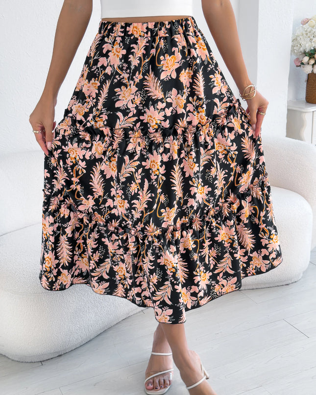 Floral Print Elastic Waist Ruffled Skirt