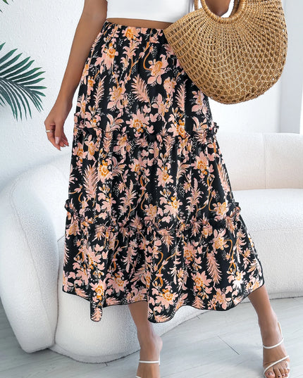 Floral Print Elastic Waist Ruffled Skirt