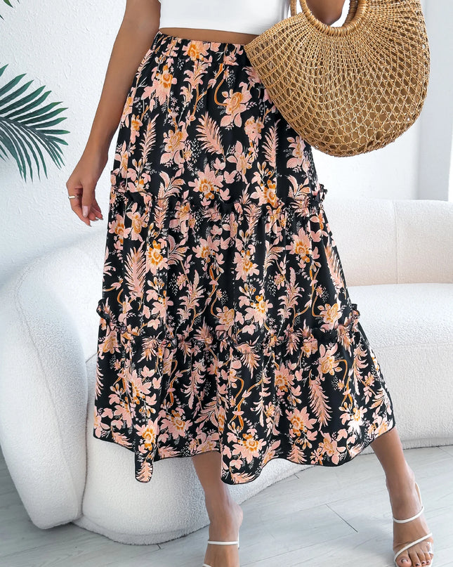 Floral Print Elastic Waist Ruffled Skirt