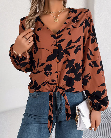 Flower Print Lace Up Bow Chiffon Blouse