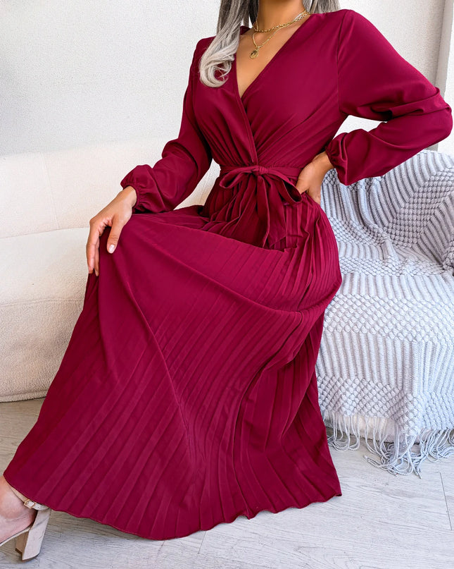 V Neck Pleated Maxi Dress