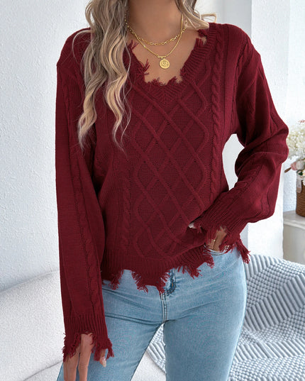 Ripped Tassel Lantern Sleeve Knit Sweater