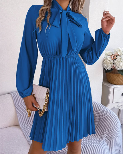 Bow Long Sleeve Chiffon Pleated Dress