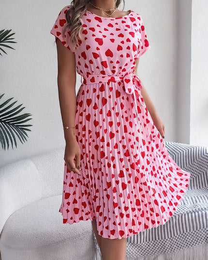 Heart Print Pleated Short Sleeve Dress