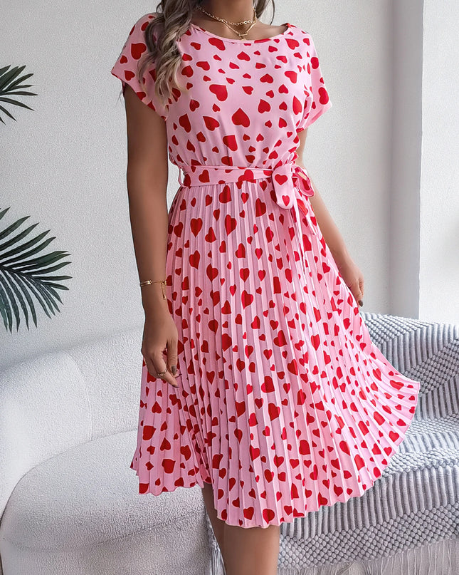 Heart Print Pleated Short Sleeve Dress