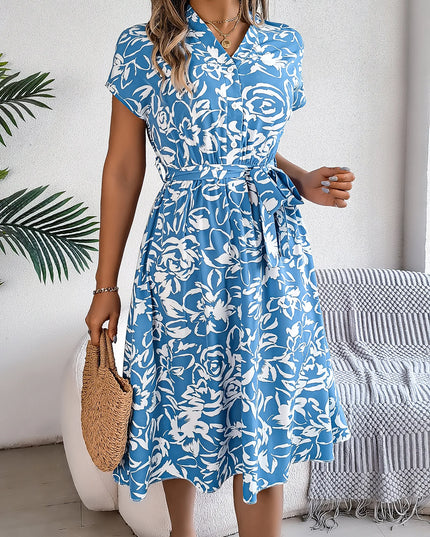 Button V Neck Flower Printed Short Sleeve A-line Dress
