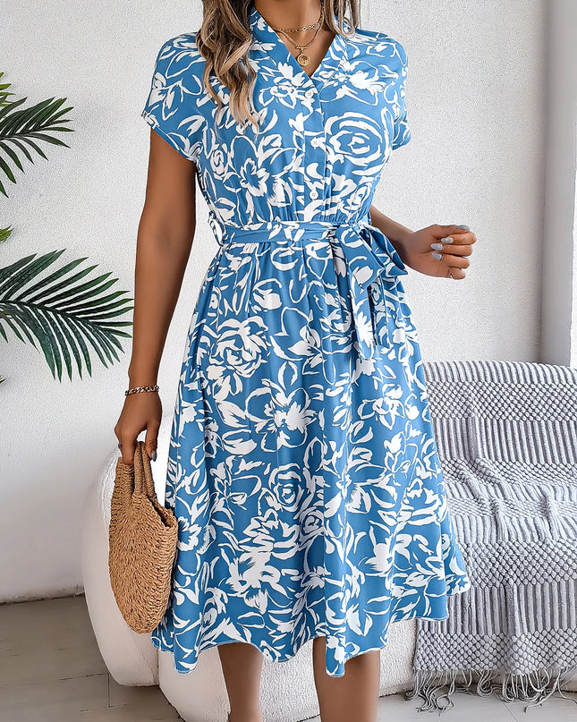 Button V Neck Flower Printed Short Sleeve A-line Dress